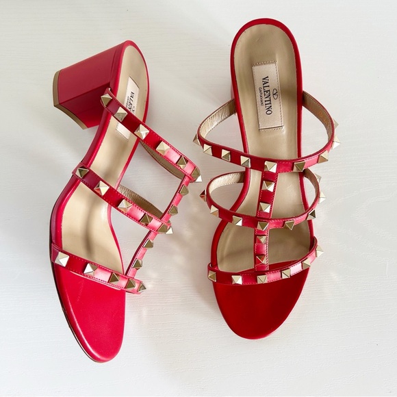 Valentino Garavani Rockstud Red Caged Block Heels Sandals Size EU 40 - Picture 1 of 13